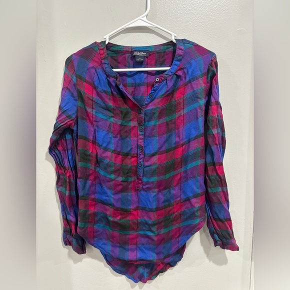 Lucky Brand Women's Plaid Long Sleeve Popover Shirt Red Blue Casual Embroidered - Picture 1 of 7